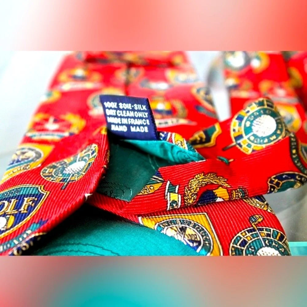 FACCONABLE MENS TIE RED 100% SILK MADE IN FRANCE GOLF GOLD GREEN VINTAGE
